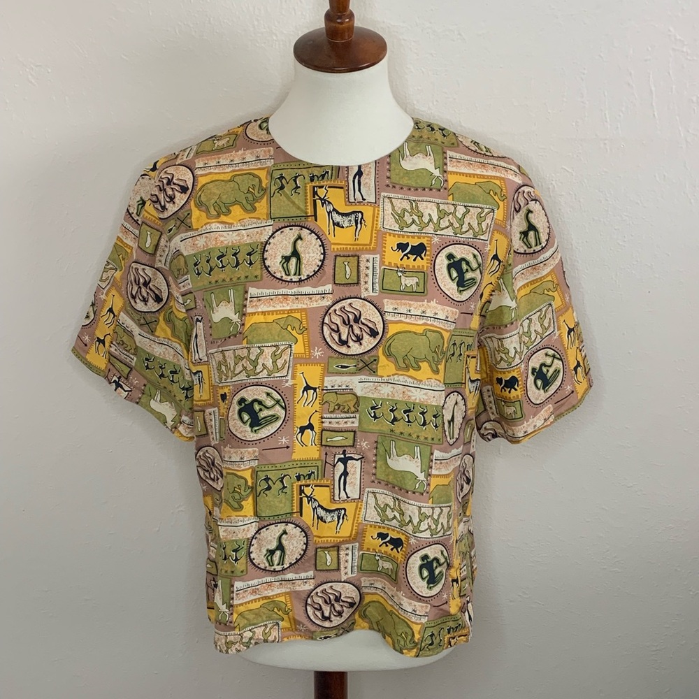 Vintage Diane Gilman 100% Silk Blouse Egyptian Print Pull Over Short Sleeve M